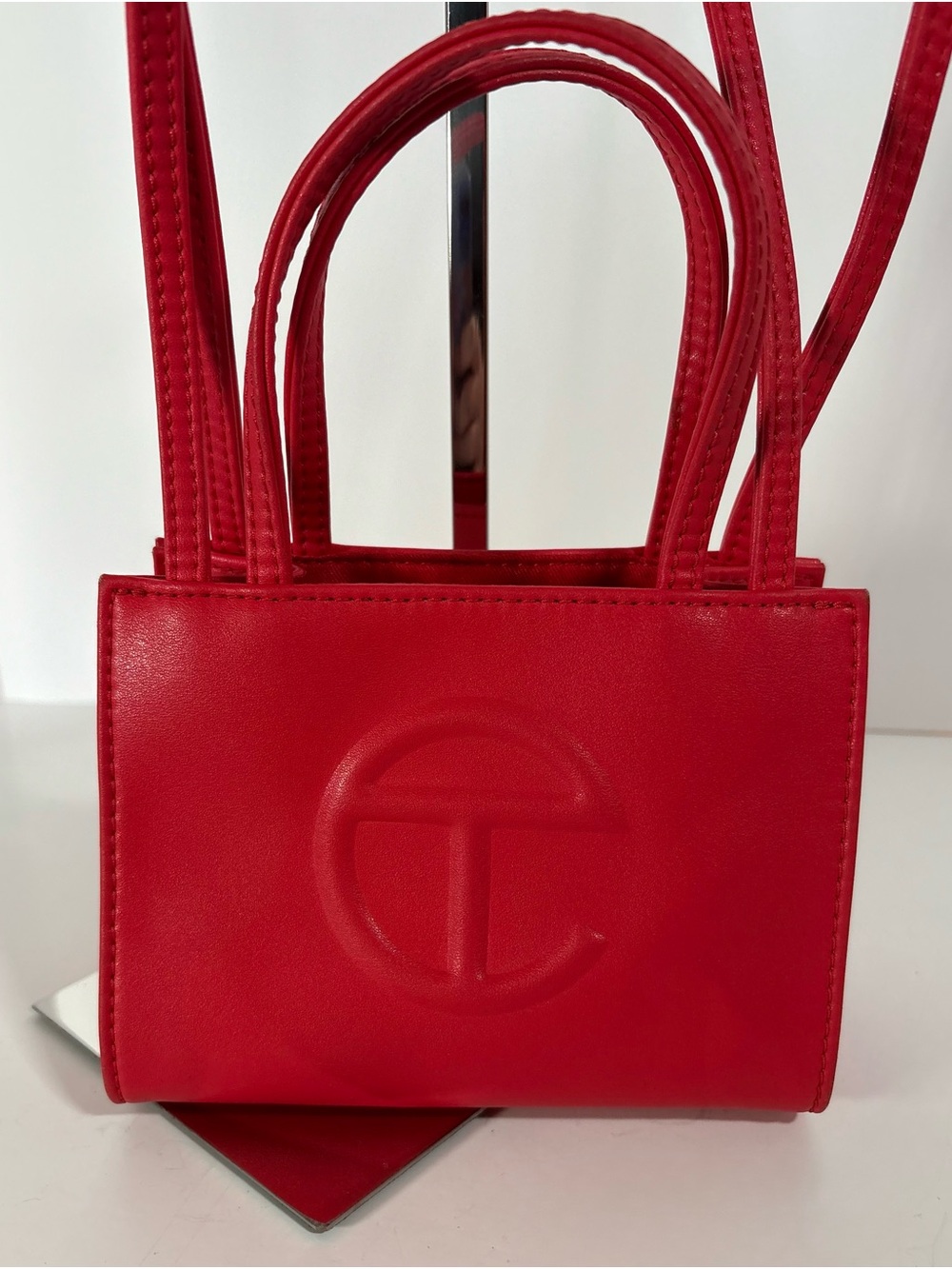 Telfar Red Vegan Leather Small Shopping Bag with Embossed Logo